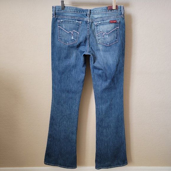 Blue 2 Medium Wash Pink Stitching Distressed Flare Denim Jeans - Picture 7 of 14